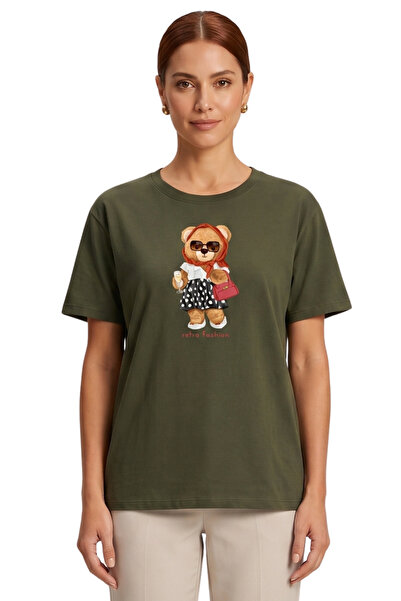 DK DAKSEL Women's Khaki Retro Teddy Bear Printed T-Shirt Comfortable Fit 100%...