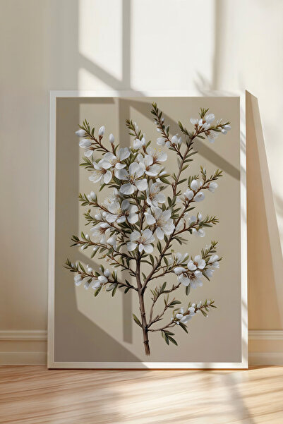 WhitePrintt Beyaz Çiçekli Dal ve Minimalist Botanik Dekoratif Duvar Tablosu B...