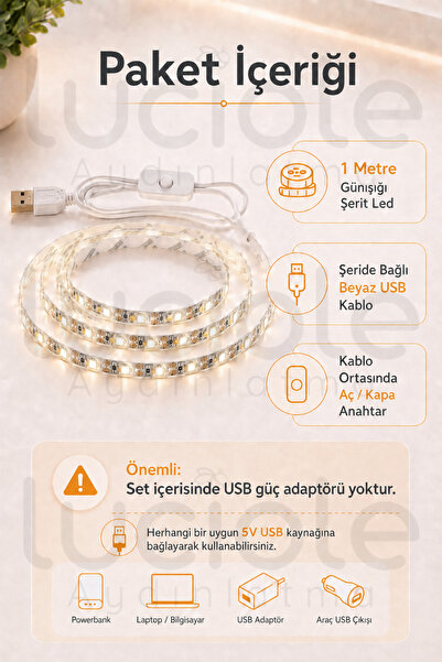 luciole 1 Metre 5V USB Günışığı Şerit LED Aç Kapa Anahtarlı Mutfak TV Masa Dolap Altı Işık