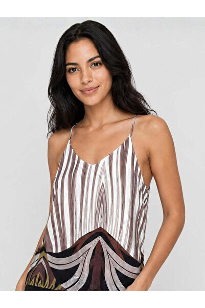 Unique Top damă cu imprimeu geometric și bretele subțiri maro mix