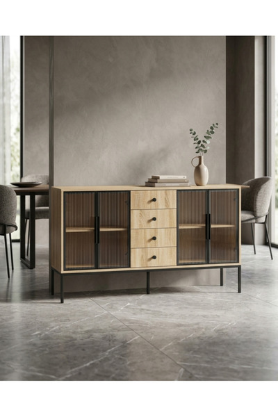 BEC61 Modern Wooden Buffet Cabinet and Storage Cupboard with Glass Doors
