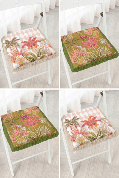 Realhomes Modern 4-Piece Fringed Zippered Chair Cushion Set with Tropical Lea...