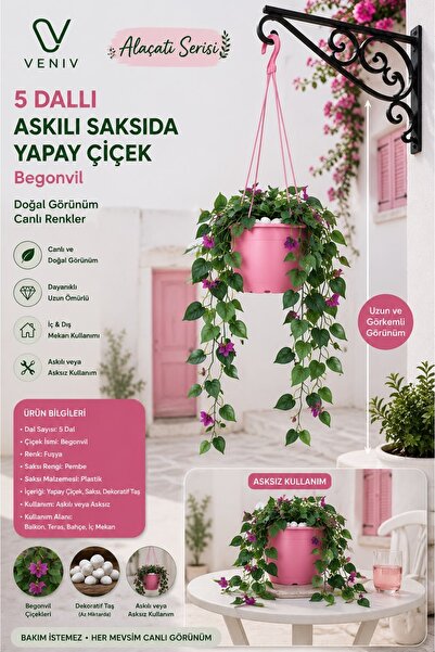 VENİV 135 cm Yapay Begonvil Çiçeği – 5 Dallı Pembe Askılı Saksı | Dekoratif B...