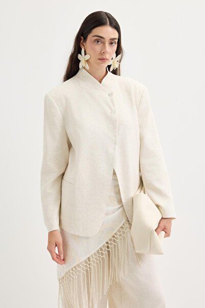 KADRİYE BAŞTÜRK Double-Breasted Linen Blazer Jacket Natural