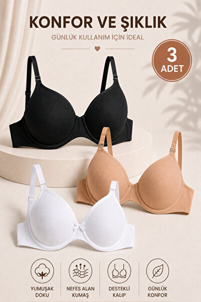 Alıç Women's Supportive Bra 3-Pack – Black and White Skin Color Combination D...