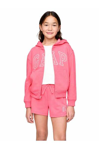 GAP Kids سويت شيرت بناتي مطبوع عليه شعار GAP مع سحاب وغطاء للرأس، مناسب للأعم...