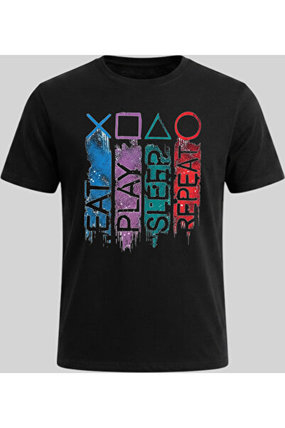 Nazlyna Black 100% Cotton Gamer / Player Printed Unisex T-Shirt - Eat Play Sl...