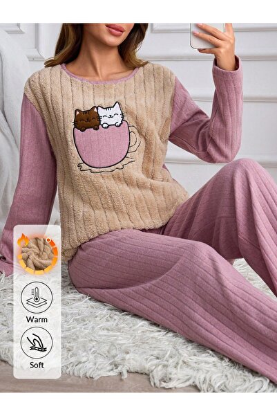 Mios Moda Mor Hello Winter Desenli Kadın Peluş Pijama Takımı
