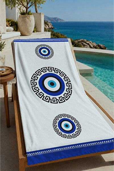 Evmila White Navy Blue Evil Eye Bead Patterned 70X150 Beach Towel - Cotton Ba...
