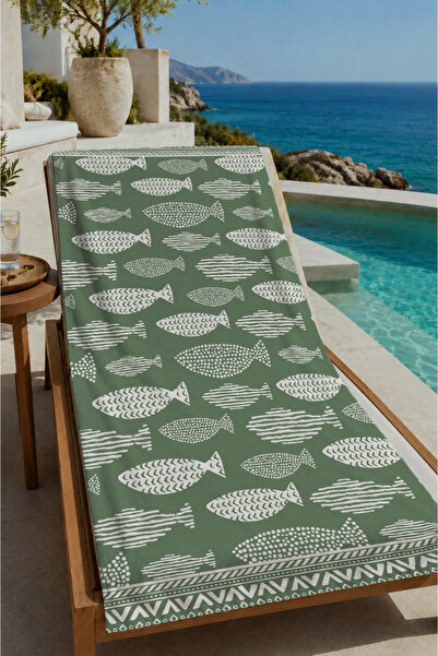 Evmila Kaki zeleno-beli peškir za plažu sa ribljim uzorkom 70x150 - pamučni p...