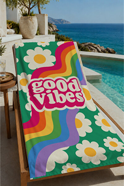 Evmila Green Retro Good Vibes Rainbow and Daisy Pattern 70X150 Beach Towel - ...