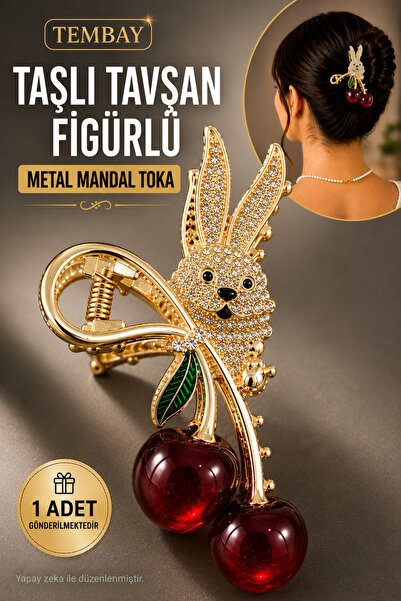 TEMBAY Taşlı Tavşan Figürlü Kiraz Detaylı Metal Mandal Toka