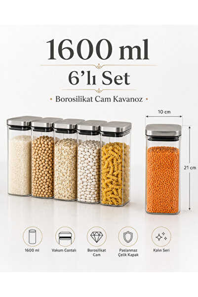 Karçiçeği Home 6’lı 1600 ml Kare Borosilikat Cam Kavanoz Seti – Vakumlu Çelik Kapaklı - 8470-1