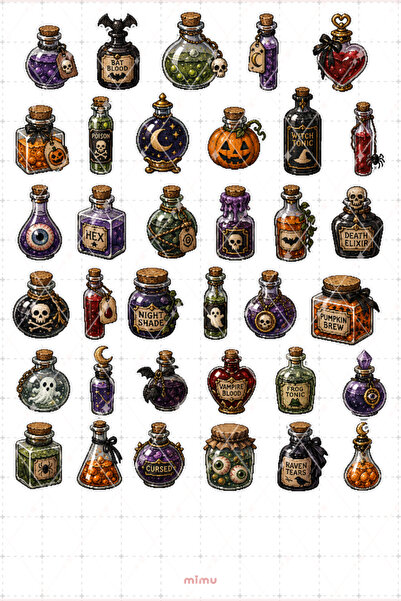 Mimu Art Studio Pixel Art Halloween Sticker Seti İksir Şişeleri Temalı Dekora...
