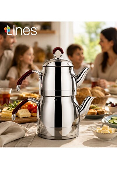 Lines Ayperi Paslanmaz Çelik Çaydanlık Seti Silikon Kulp 1 Litre Demlik 2 Lit...
