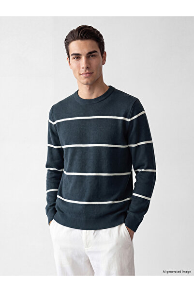 LC Waikiki Vizyon New Season Green Crew Neck Striped Men's Knitwear Sweater