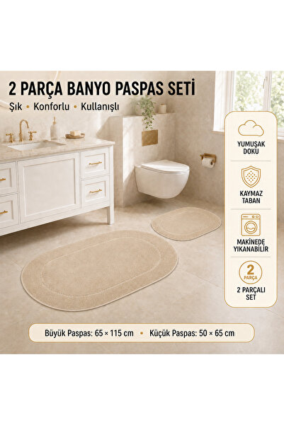 Rixos 2'li Banyo Halısı Paspası Seti Kaymaz Tabanlı Klozet Takımı