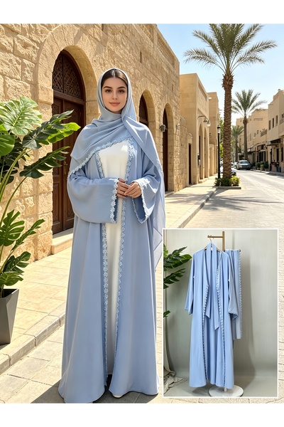 Noon Noora Chiffon Lace Trim Open Abaya Sets with Belt and Pockets-Open Abaya...