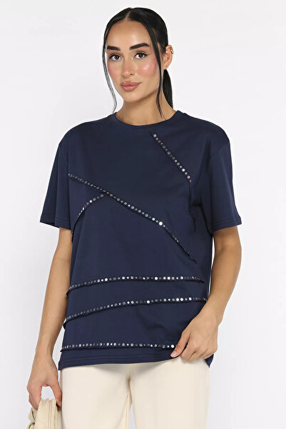 Aryena Navy Blue Women's Crew Neck Style T-Shirt