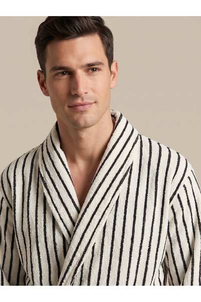 cottonparis Cotton Paris Maison Stripe Premium Series Jacquard Striped 100% Cotton Shawl Collar Luxury Unisex Bathrobe - Ecru & Black