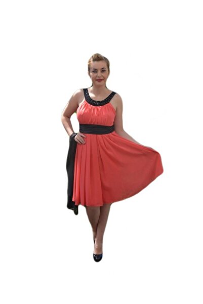 OEM Rochie de seara eleganta, din voal de culoare corai, cu insertii negre