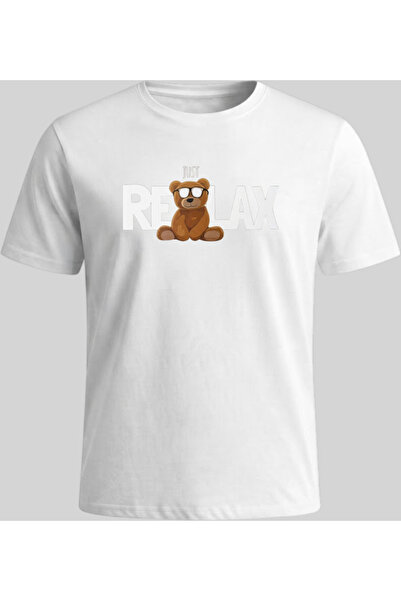 Nazlyna White 100% Cotton Unisex T-Shirt with Glasses-Wearing Bear and Typogr...