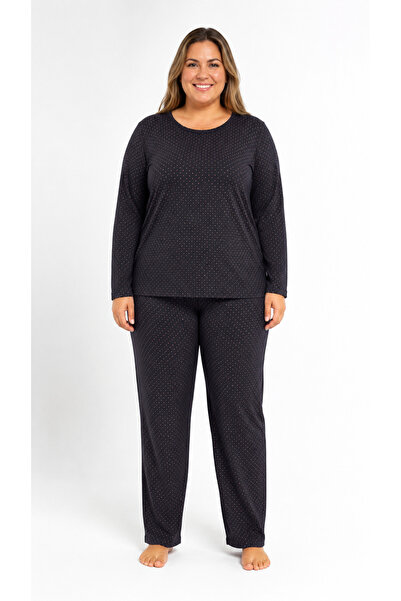 FAMES PİJAMA Plus Size Seasonal Pointiel Polka Dot Pattern Pajama Set
