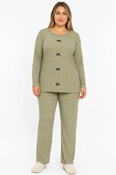 FAMES PİJAMA Plus size ribbed knit seasonal khaki pajama set