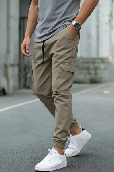 Wise&Go Store Men's Cargo Pocket Pants Cotton Jogger Pants Elastic Cuff Comfo...