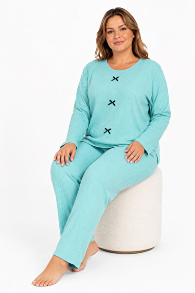 FAMES PİJAMA Büyük Beden Kaşkorse Mevsimlik Su Yeşili Pijama Takımı