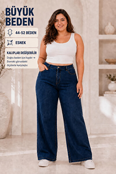 Kadın Büyük Beden 44-52 Bol Paça Yüksek Bel Likralı Kot Pantolon Jeans