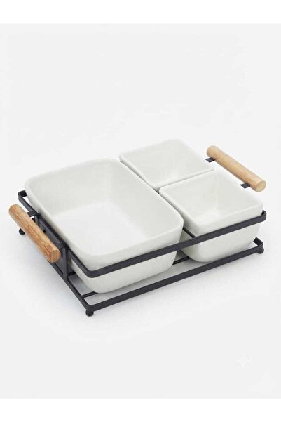 Mony moon White Ceramic Serving Bowl Set of 3 Black Metal Stand and Wooden Ha...