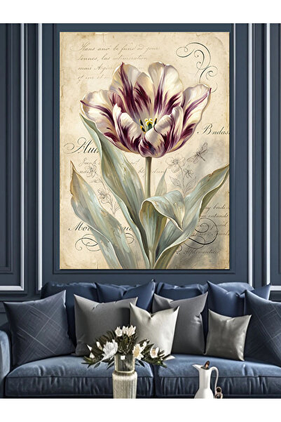 Artmeg Pânză decorativă cu lalele pe hârtie veche - Tablou din lemn MDF