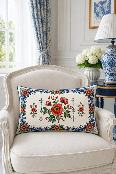 HOMESSA Navy Blue Framed Red Flower 2-Piece Cushion Cover 35X55 cm