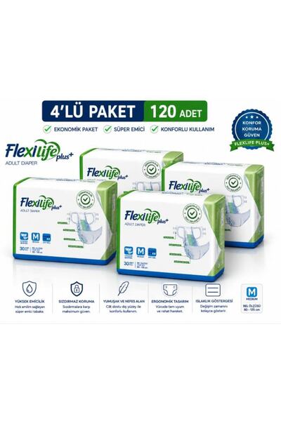 Flexi Life Plus Yetişkin Hasta Bezi Orta Boy (M) 30'lu x 4'lü Paket