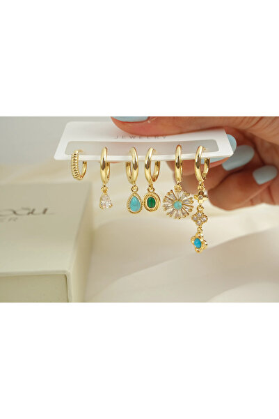 ATELİER TUĞBA Çkp6027 Blue Stone Drop, Flower and Sun Figure Hanging Earrings...