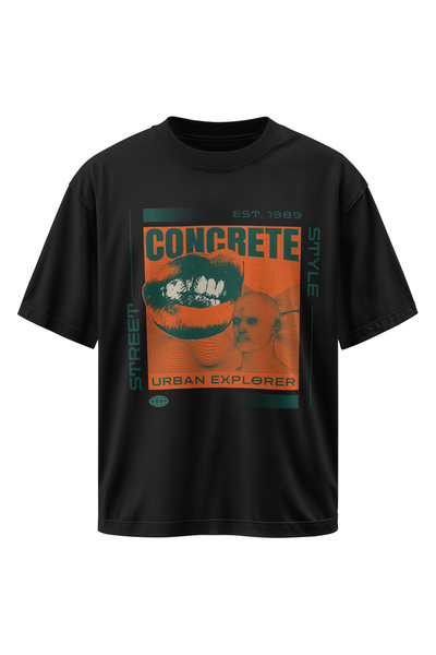 Concrete Urban Explorer Baskılı Oversize Siyah Tişört