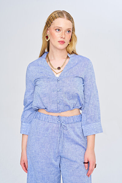 Orfeo Negro Women's Chinese Collar Solid Color Crop Shirt