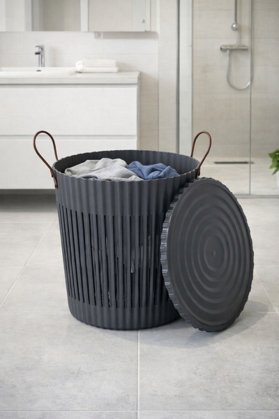 Evmarketi Bathroom Dirty Laundry Basket with Lid, Leather Pattern, with Handl...