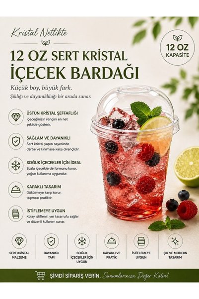 TemizlikMağazam 12 Oz 350 Cc Düz (+) Delik Kapaklı Plastik Bardak 50 Adet Soğ...