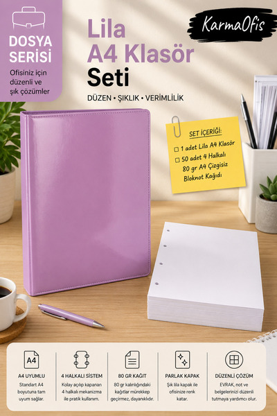 KarmaOfis A4 4-Ring Lilac Folder Set 50 Sheets 80 Gr Unlined Notepad Paper