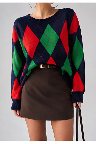 TOFAN TRİKO Baklava Patterned Oversize Knit Sweater