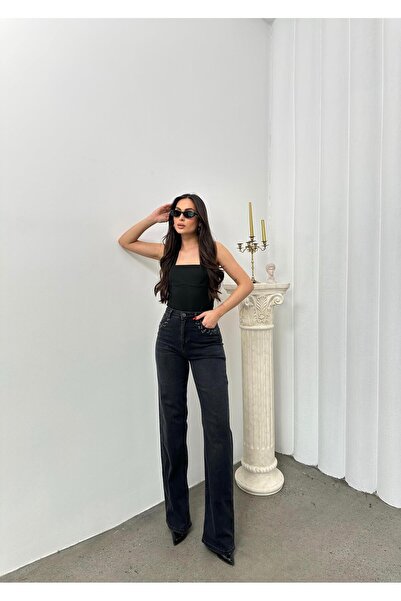Moda Days Women's Black High Waist Stone Embellished Wide Leg Long Jean Pants...