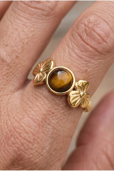 NBS Beautiful Naturel Stones Tiger's Eye Steel Ring Adjustable