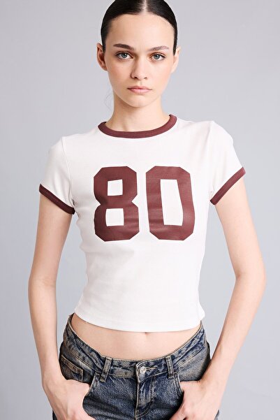 DeFacto Fitted Crew Neck Printed Stripe Detailed Ribbed Crop T-Shirt I6805Ax26Au