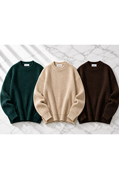 DepoExport Women's 3-Piece Crew Neck Oversize Knitwear Sweater Soft Knitted S...