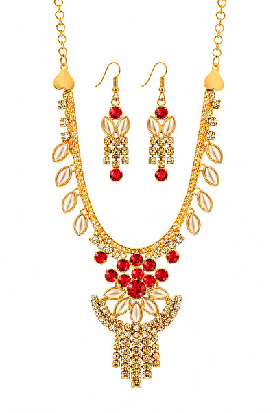 Houzi Crystal Necklace and Earrings Jewellery Set Gold-Tone Finish, Floral Pe...