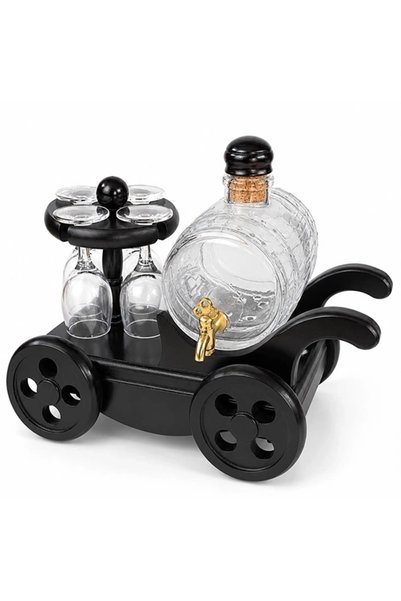 Epilons Glass Barrel and 4 Glasses Beverage Serving Set with Wooden Stand Alk...