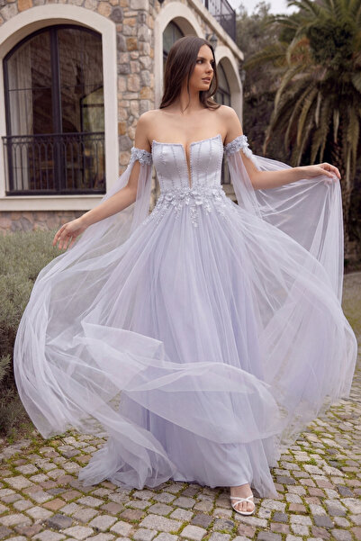 ÖMÜR INN Women's Strapless Sleeves Tulle Cape Long Evening Dress 6457 Ice Blue