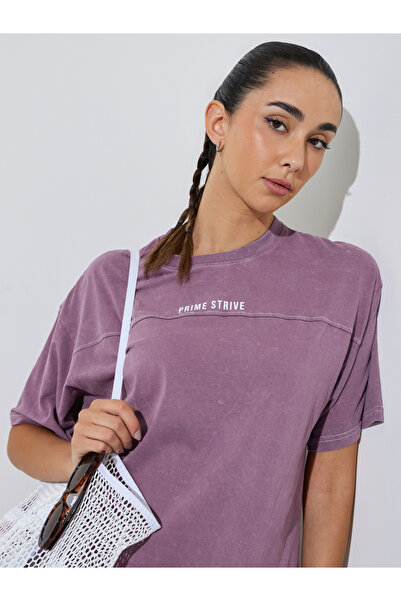 Styli Purple Slogan Print Acid Wash Contrast Stitch T-Shirt